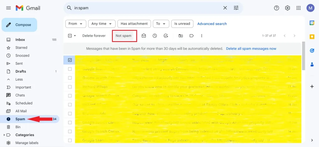 marking email as not spam in Spam Folder